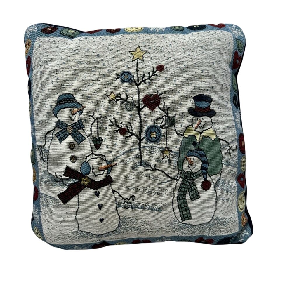 Vintage Needlepoint Snowman Christmas Holiday Pillow Accent Blue White 90s